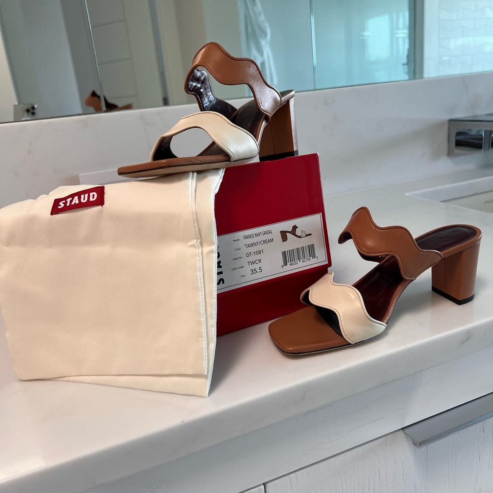 Staud 35.5 (5 1/2) tan and cream 2 inch slides. Almost like new, box, shoe bag
